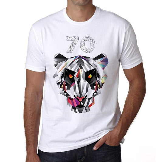 Geometric Tiger Number 70 White Mens Short Sleeve Round Neck T-Shirt 00282 - White / S - Casual