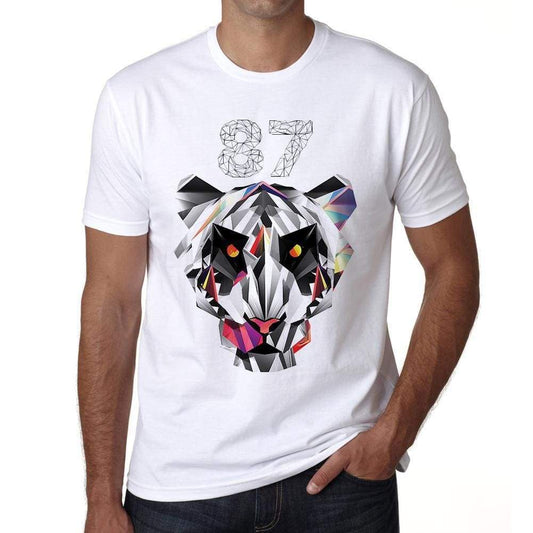Geometric Tiger Number 87 White Mens Short Sleeve Round Neck T-Shirt 00282 - White / S - Casual