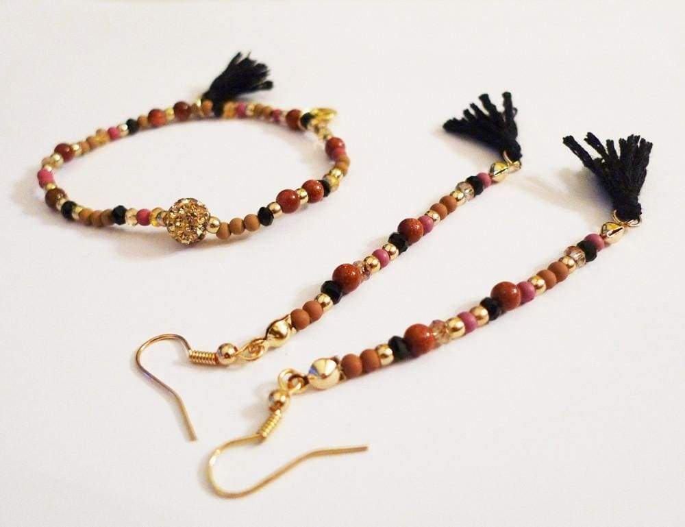 Gold Beads Black Tassel Bracelet Earrings One In The City