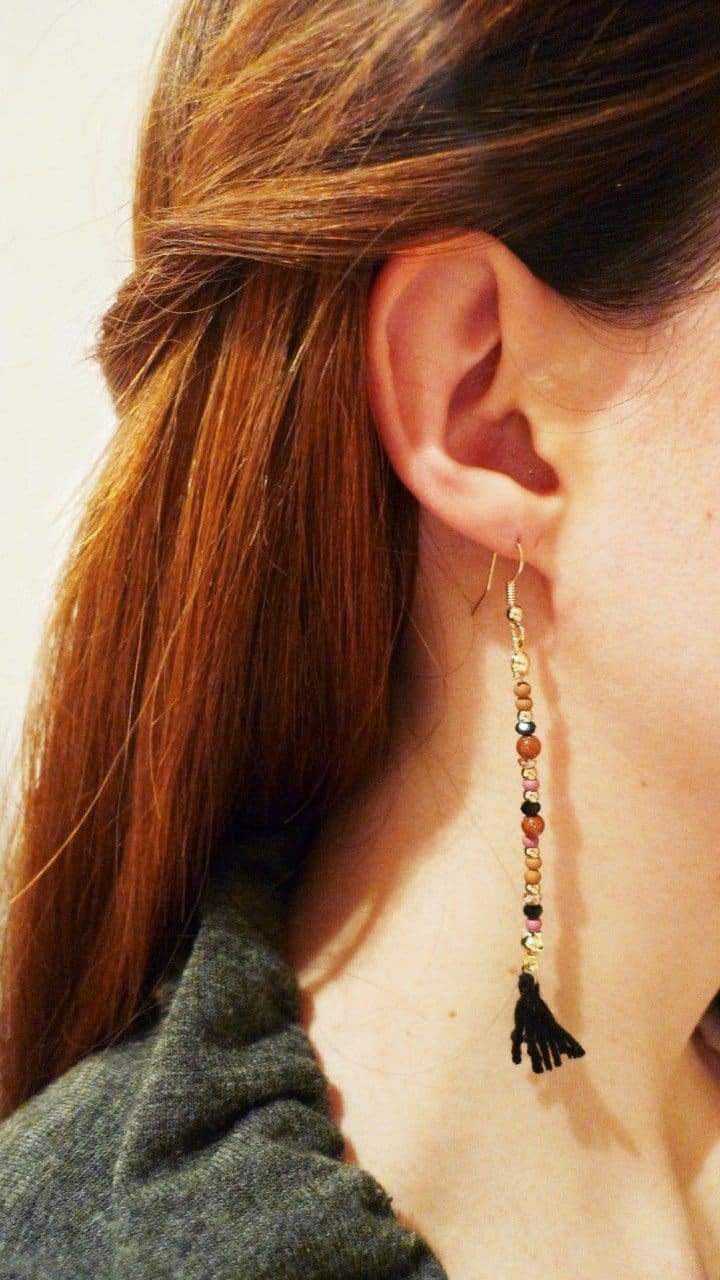 Gold Beads Black Tassel Earrings