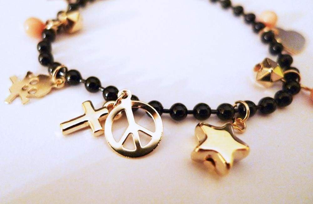 Gold Skull Crucifix Star Peace Black Beads Bracelet