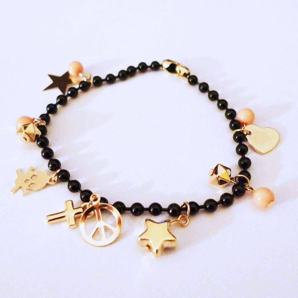 Gold Skull Crucifix Star Peace Black Beads Bracelet