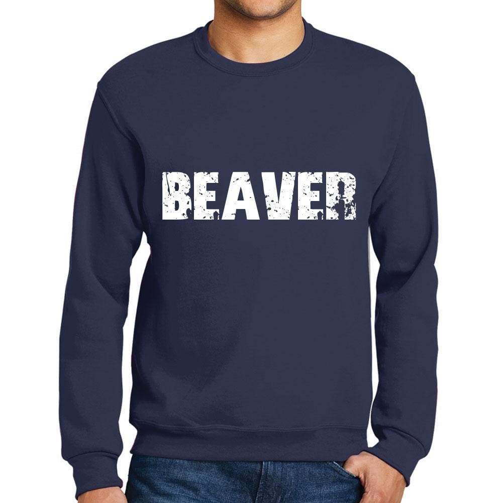 Mens Printed Graphic Sweatshirt Popular Words Beaver French Navy - French Navy / Small / Cotton - Sweatshirts