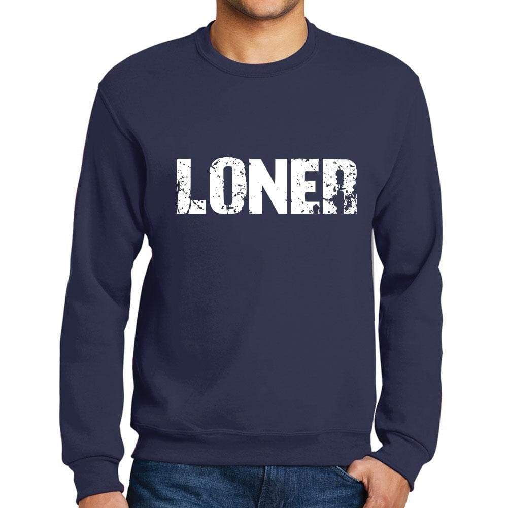 Mens Printed Graphic Sweatshirt Popular Words Loner French Navy - French Navy / Small / Cotton - Sweatshirts