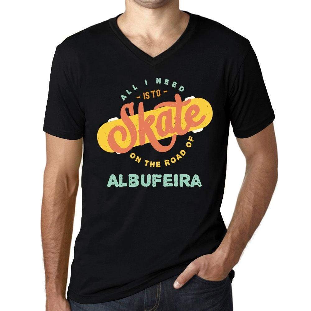 Mens Vintage Tee Shirt Graphic V-Neck T Shirt On The Road Of Albufeira Black - Black / S / Cotton - T-Shirt