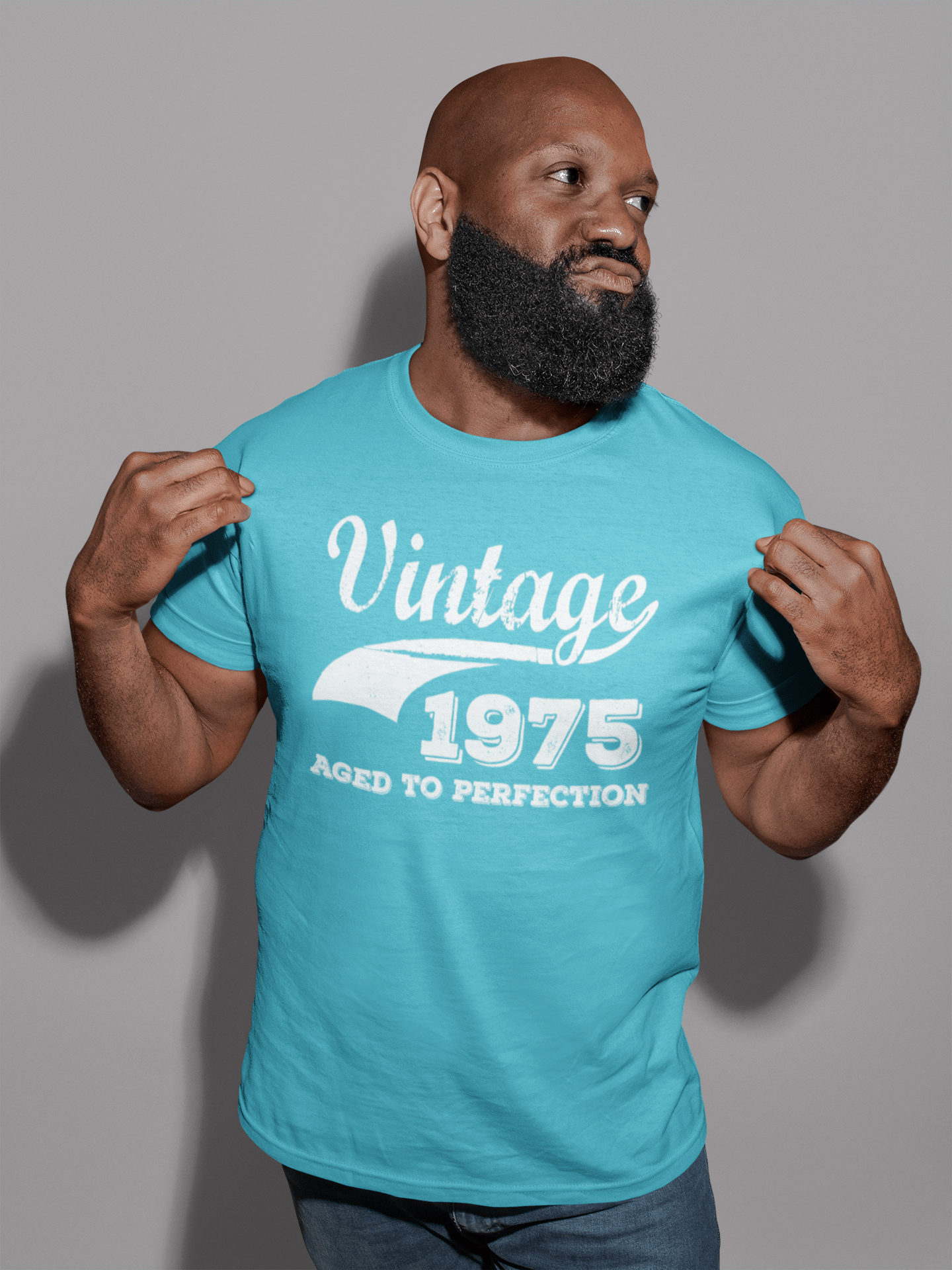 1975 Vintage Aged to Perfection, Bleu, T-shirt à manches courtes et col rond pour hommes 00291