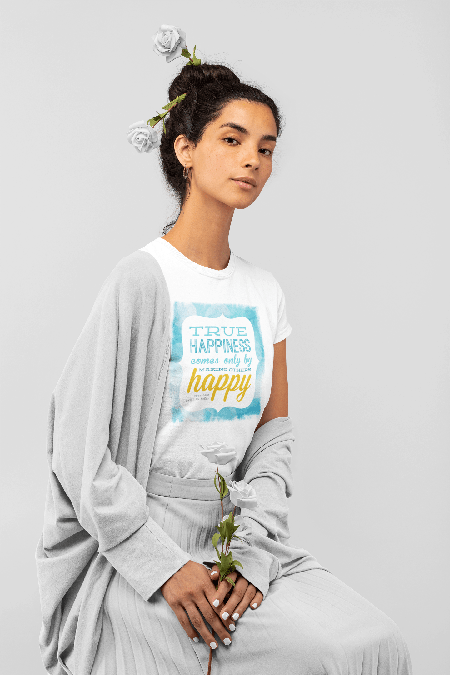 Le vrai bonheur, T-shirt Femme Blanc, 100% coton Col Rond 00168