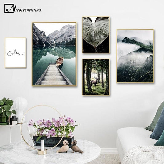 Image de réflexion de lac de montagne, paysage naturel, affiche scandinave, décoration nordique imprimée, peinture sur toile d'art mural