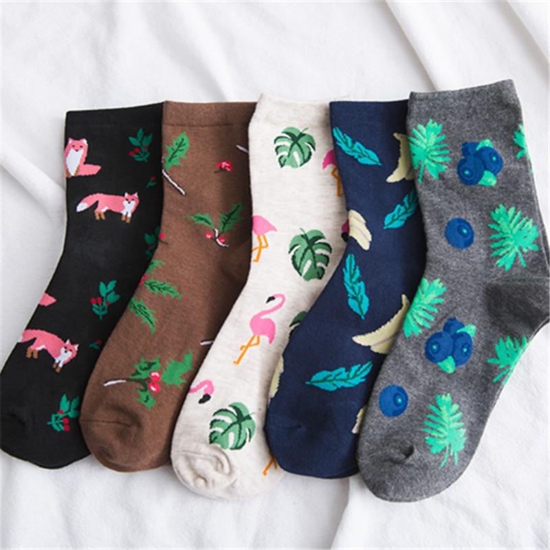 Mignon Jacquard/plante fruits imprimé motif art chaussettes femmes coréen animaux/renard flamant chaussette drôle chaussette Kawaii Sokken Calcetines