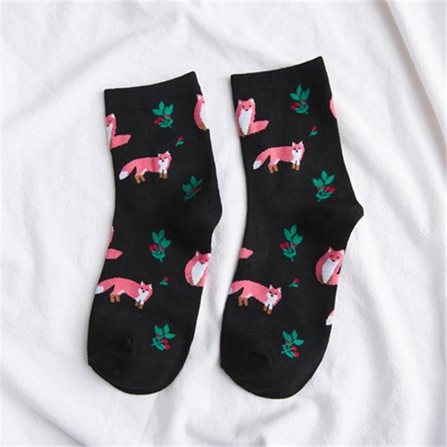 Mignon Jacquard/plante fruits imprimé motif art chaussettes femmes coréen animaux/renard flamant chaussette drôle chaussette Kawaii Sokken Calcetines