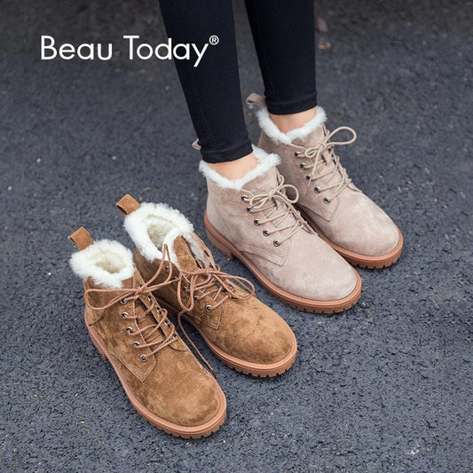 BeauToday – bottes de neige en laine pour femme, chaussures en cuir véritable, bout rond, plateforme à lacets, longueur cheville, faites à la main, hiver, 03281