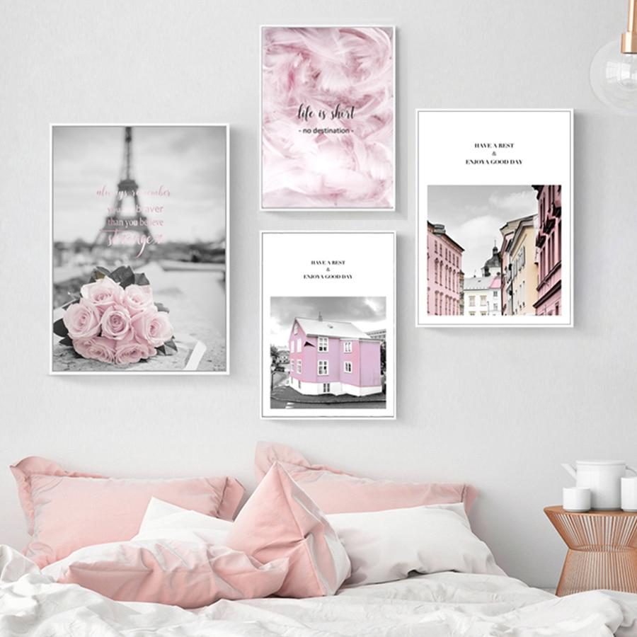 Pink Flower Posters Paris Tower Picture Nordic Canvas Painting for Living Room Girls Bedroom Wall Art Prints Fashion Home Decor
