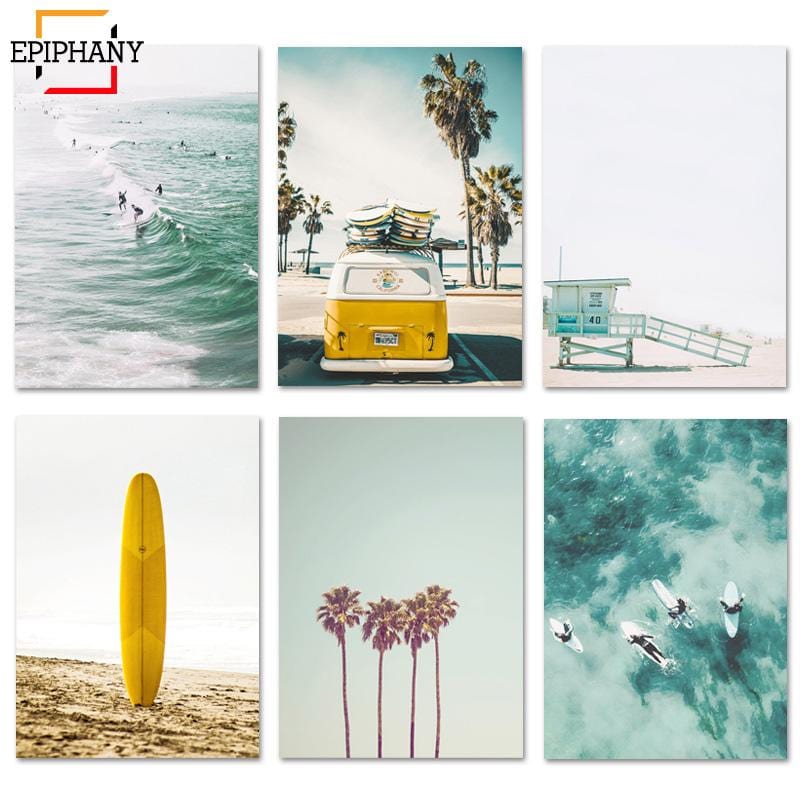 Ensemble d'impression de californie, toile d'art mural de Surf, affiches de plage, imprimés de planche de Surf, peintures de décoration côtière pour mur de salon