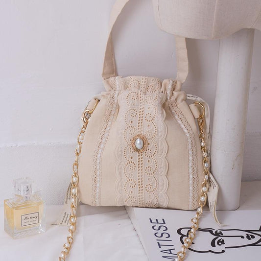 Angelatracy 2019 New Arrival Elegent Diamond Pearl Lace Beige Chain Totes Lunch Women Messenger Crossbody Bags Drawstring Bag