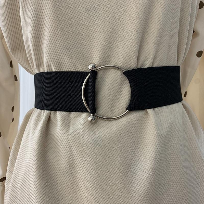 Belts for Women Black Simple Waist Elastic Ladies Band Round Buckle Decoration Coat Sweater Fashion Dress Rice White-Belt-Ultrabasic