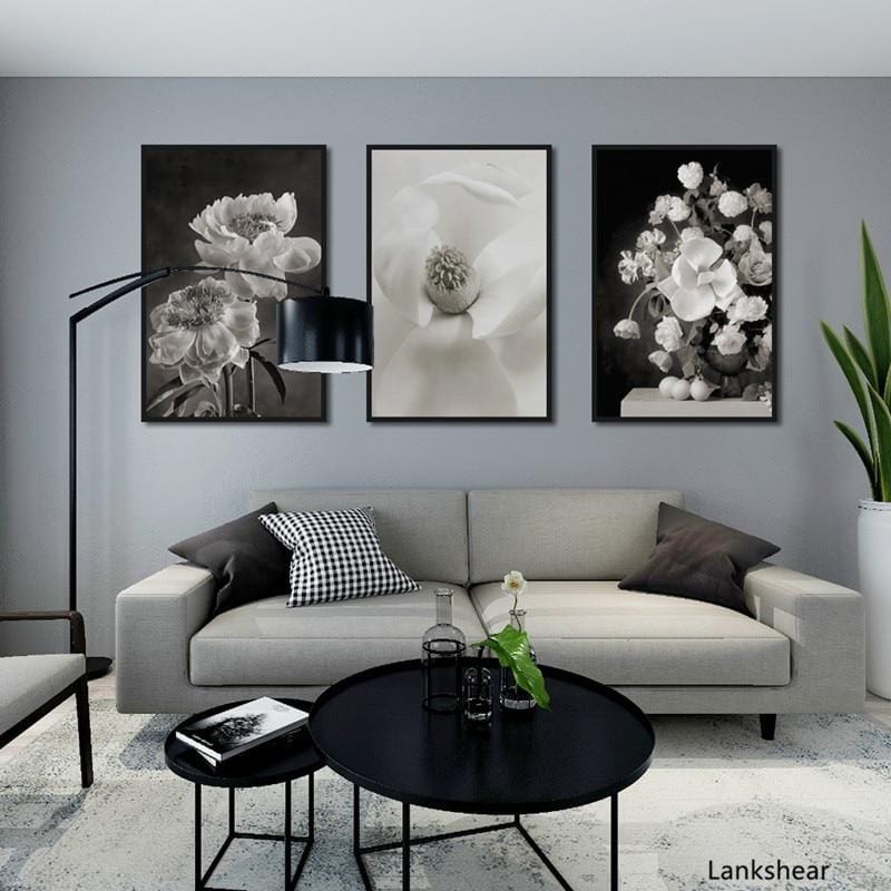 Peintures décoratives européennes de fleurs noires et blanches, affiches et imprimés en toile, tableau d'art mural pour décoration de salon et de maison