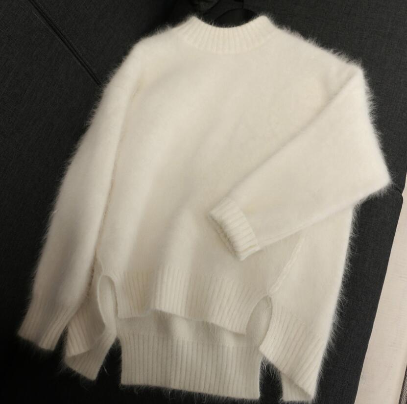 Automne hiver femmes mohair tricot chandails col rond poilu coréen doux rose blanc pull pulls