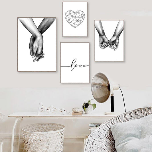 Affiche d'amour de Couple tenant la main, peinture murale en noir et blanc, toile d'art minimaliste imprimée, images murales nordiques pour salon