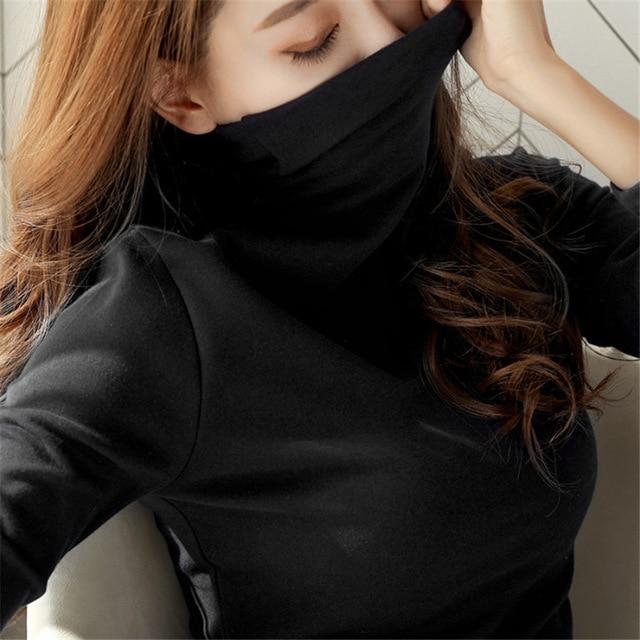 Automne col haut chemise à bascule femme t-shirt à manches longues couleur unie femmes coréennes chaud mince femme sauvage chemise de grande taille