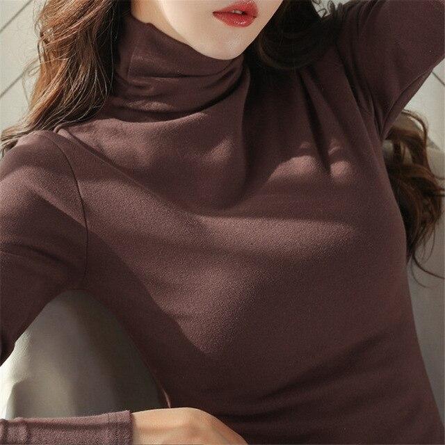 Automne col haut chemise à bascule femme t-shirt à manches longues couleur unie femmes coréennes chaud mince femme sauvage chemise de grande taille