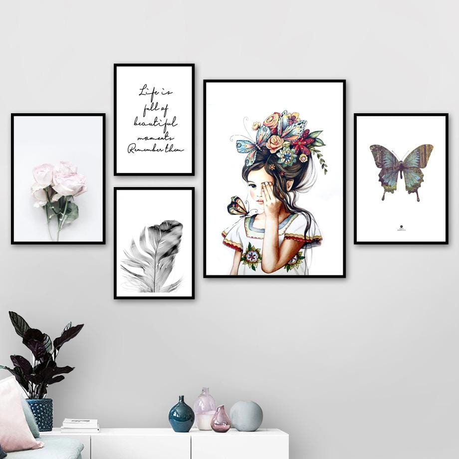 Toile d'art mural avec plumes de pivoine et papillon pour fille, peinture sur toile, affiches et imprimés nordiques, images murales pour décoration de salon et de maison