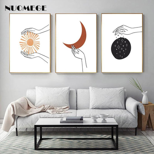 Nordic Style Line Drawing Posters and Prints Celestial Line Wall Art Sun Moon Stars Wall Pictures for Living Room Home Decor