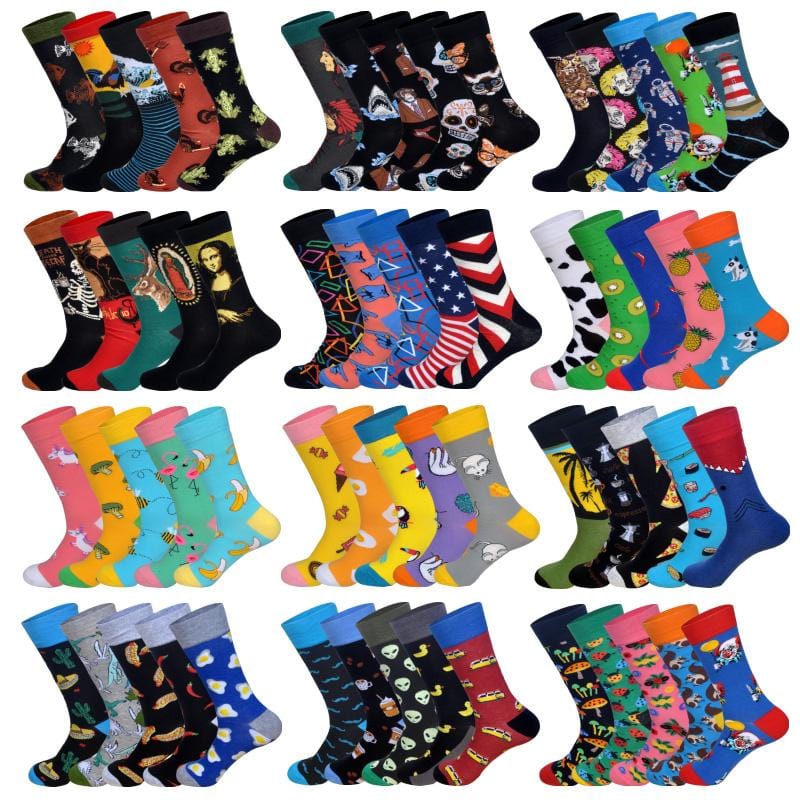 LIONZONE 5 paires/lot printemps nouveau arrivé chaussettes heureuses hommes drôle Art BritishStyle Streetwear Hip Hop concepteur équipage chaussettes boîte-cadeau