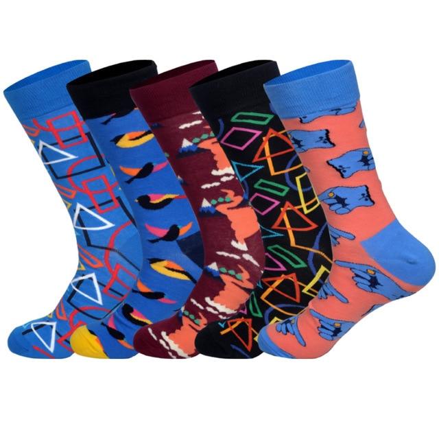 LIONZONE 5 paires/lot printemps nouveau arrivé chaussettes heureuses hommes drôle Art BritishStyle Streetwear Hip Hop concepteur équipage chaussettes boîte-cadeau