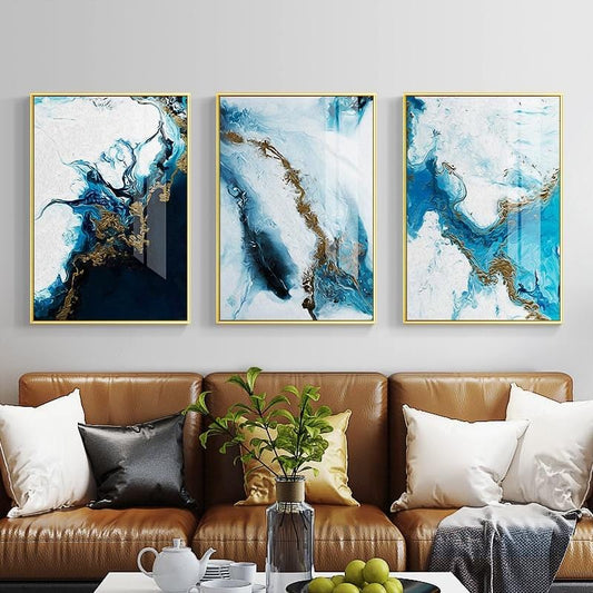 Affiche de peinture sur toile de couleur abstraite nordique, bleu spalsh doré, décor unique imprimé, images d'art mural pour salon et chambre à coucher