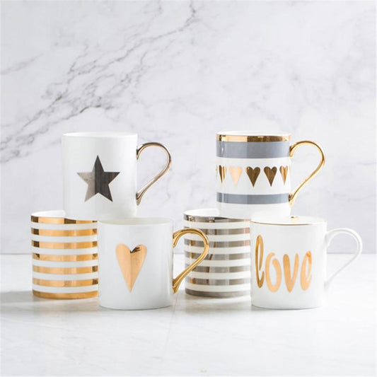 Tasse à lait en céramique créative, motif à rayures d'étoile d'amour, poignée plaquée or, bureau, ménage, café, lait, thé, décoration de la maison