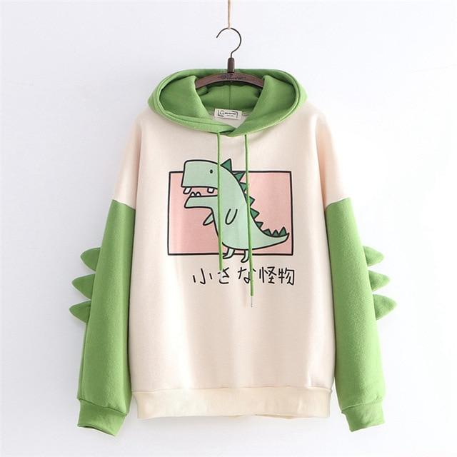 Merry Pretty – sweat-shirt à capuche en forme de dinosaure pour femme, pull chaud en polaire avec cornes, Harajuku, pour filles et adolescentes, vert