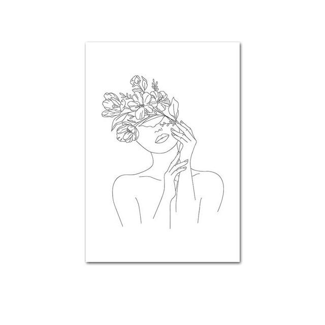 Affiche de dessin de ligne simple et impression, noir et blanc, fleur abstraite de femme, peinture sur toile, tableau d'art mural, décoration de maison