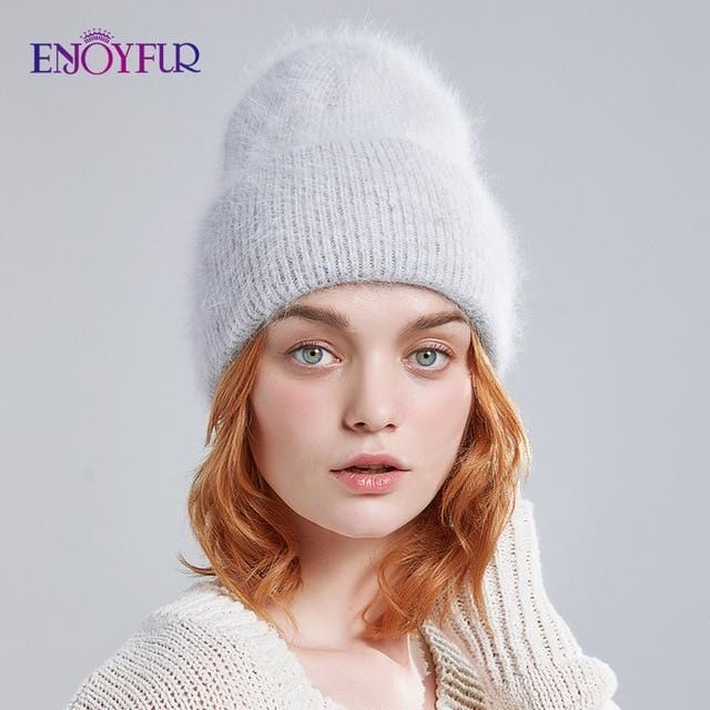 ENJOYFUR hiver chapeaux pour femmes chaud long lapin fourrure cheveux femme casquettes mode couleurs unies large manchette jeune style bonnets