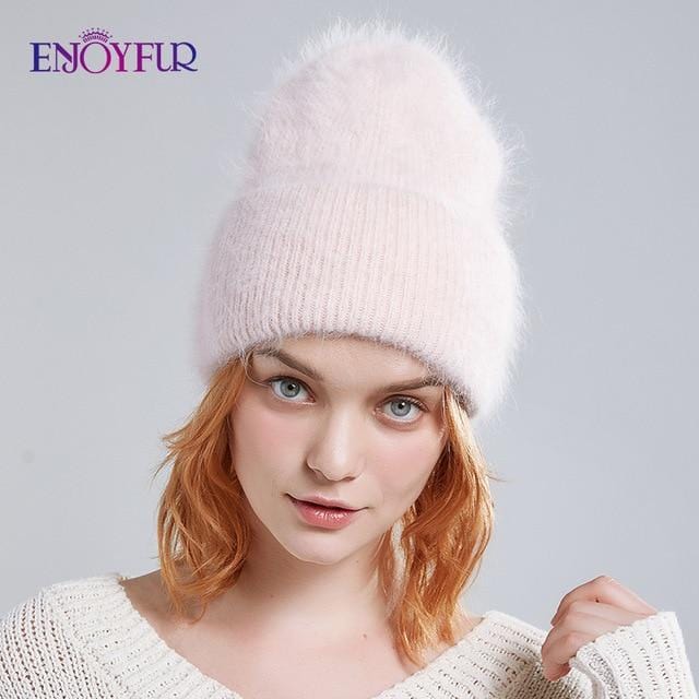 ENJOYFUR hiver chapeaux pour femmes chaud long lapin fourrure cheveux femme casquettes mode couleurs unies large manchette jeune style bonnets