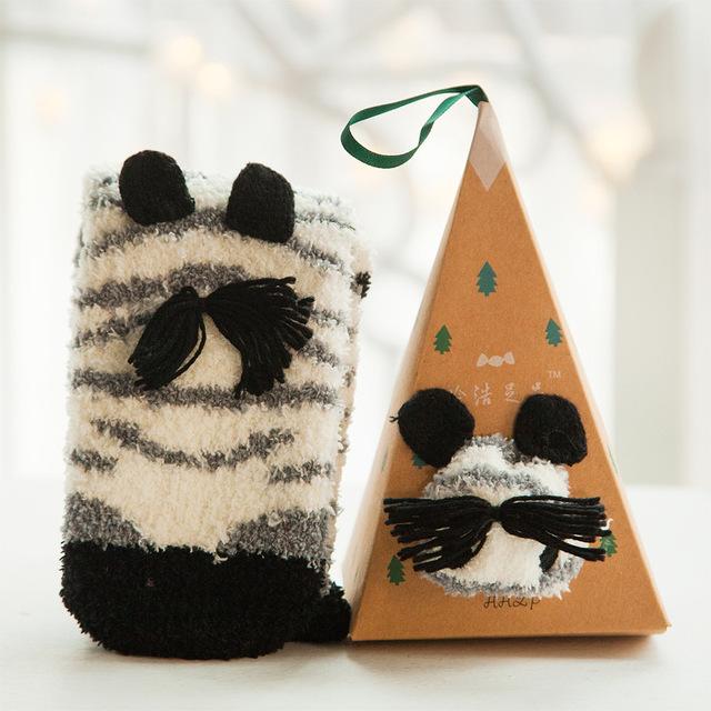 Chaussettes de Noël en forme d'animal mignon, cadeau de noël, velours de corail moelleux 3D, chaussettes d'hiver épaisses et chaudes pour femmes, cadeau du nouvel an, Sox avec boîte