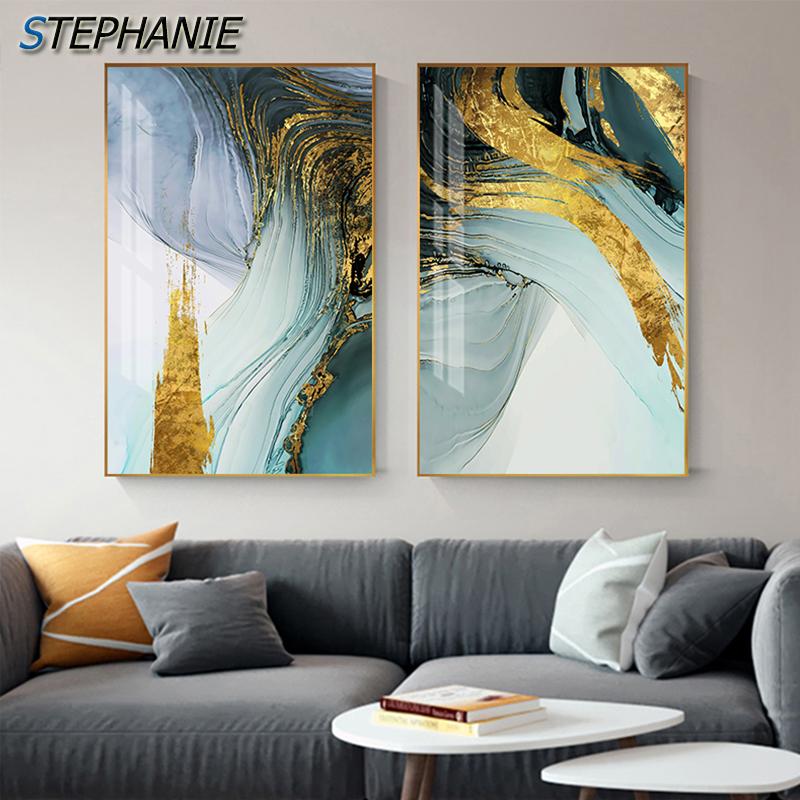 Toile d'art abstraite moderne en feuille d'or vert, affiche bleue à la mode et tableau mural imprimé pour salon élégant Cuadro Decorativo