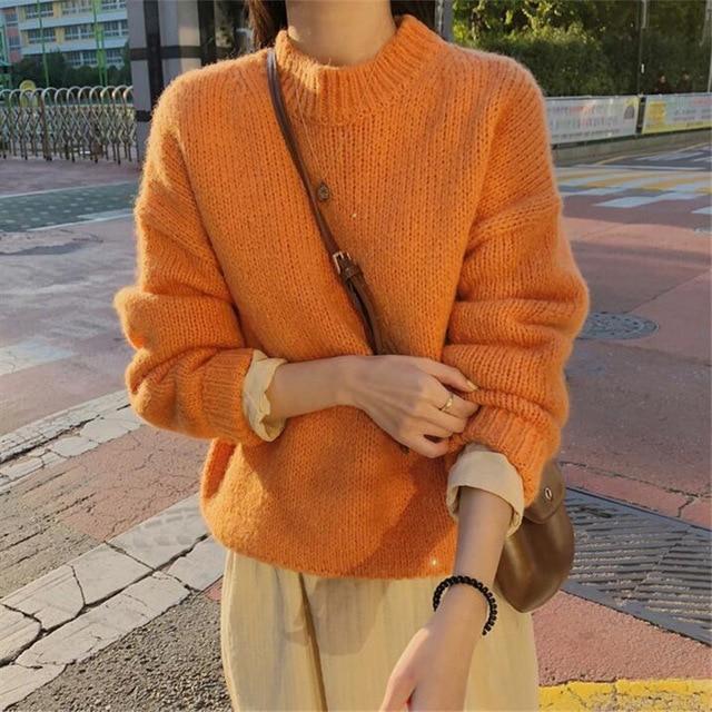 Pull femmes 2020 automne hiver mode solide col rond pull chandails Style coréen tricoté à manches longues pulls décontracté hauts