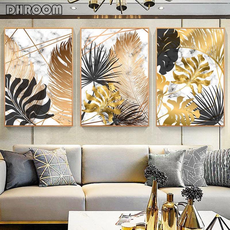 Toile de peinture avec feuilles d'or de plantes nordiques, affiches botaniques et images d'art murales abstraites imprimées pour décor moderne de salon