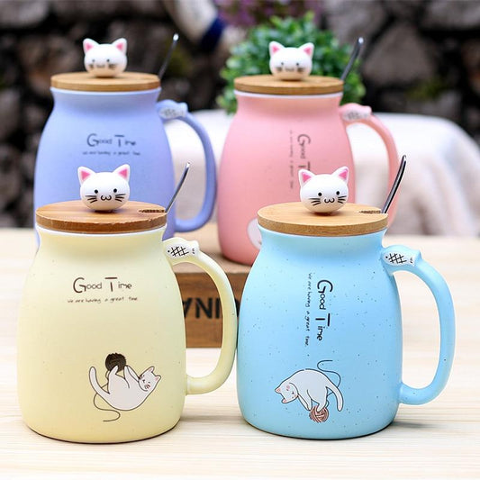 Tasse de chat en céramique de dessin animé de 450ml, avec couvercle et cuillère, tasses à café, lait, thé, tasse de petit déjeuner, verres, cadeaux de nouveauté
