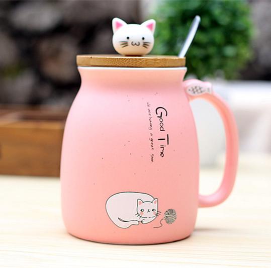 Tasse de chat en céramique de dessin animé de 450ml, avec couvercle et cuillère, tasses à café, lait, thé, tasse de petit déjeuner, verres, cadeaux de nouveauté