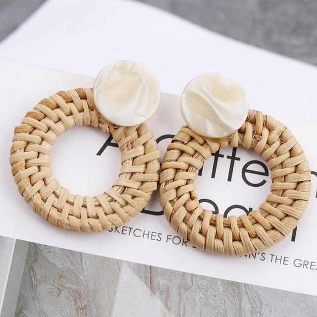 AENSOA – boucles d'oreilles longues géométriques, 27 styles coréens, tissage de paille en bois fait à la main, tresse de vigne en rotin, nouvelle mode