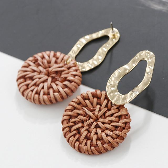 AENSOA – boucles d'oreilles longues géométriques, 27 styles coréens, tissage de paille en bois fait à la main, tresse de vigne en rotin, nouvelle mode