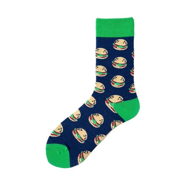 Nouveauté heureux drôle hommes chaussettes graphiques coton peigné Omelette grenouille fou Burger saumon maïs avocat oiseau poisson chaussette cadeau de noël