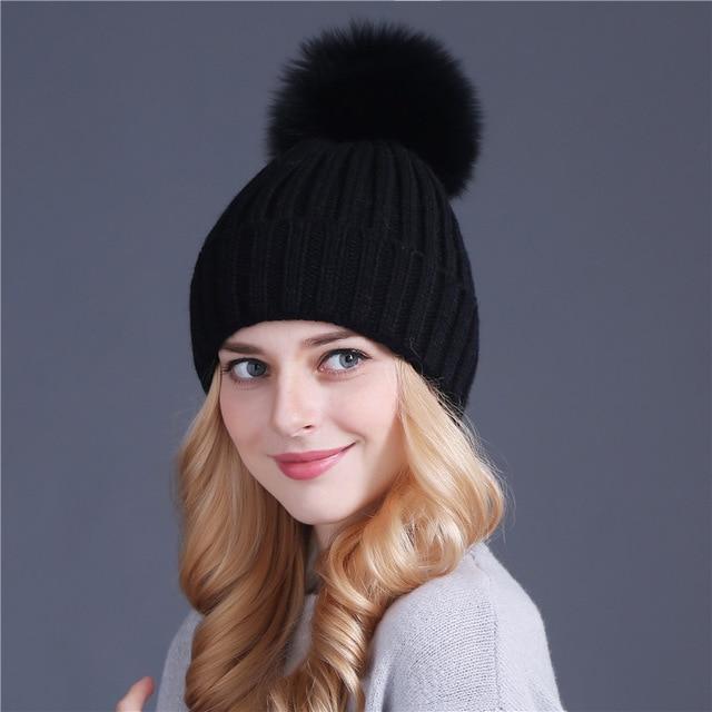 Xtrois vison et fourrure de renard casquette pom poms chapeau d'hiver pour femmes fille chapeau tricoté bonnets casquette flambant neuf épais femme casquette