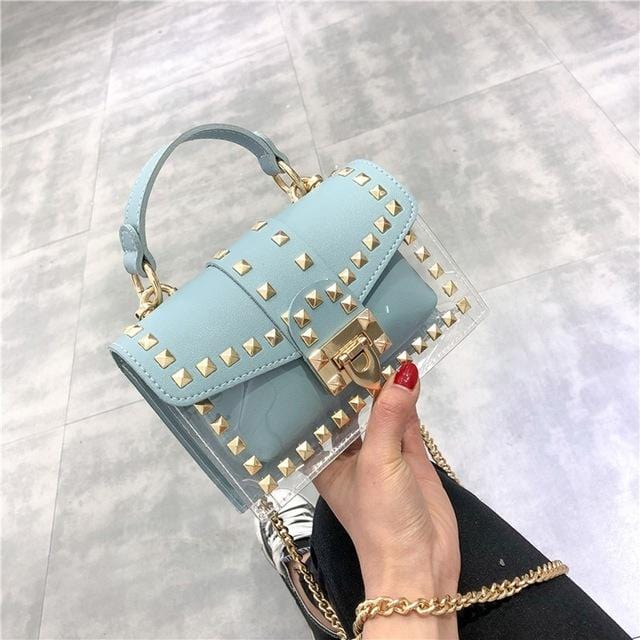 Small clear Brand Designer Woman 2020 New Fashion Messenger Bag Chains Shoulder Bag Female Rivets Transparent Square PU Handbag