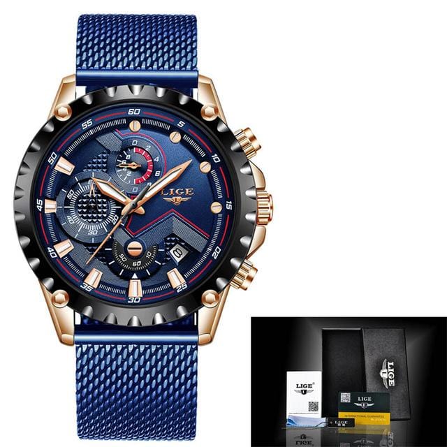 Marca superior lige men relógios moda azul aço inoxidável à prova dwaterproof água relógio esporte masculino cronógrafo reloj hombre