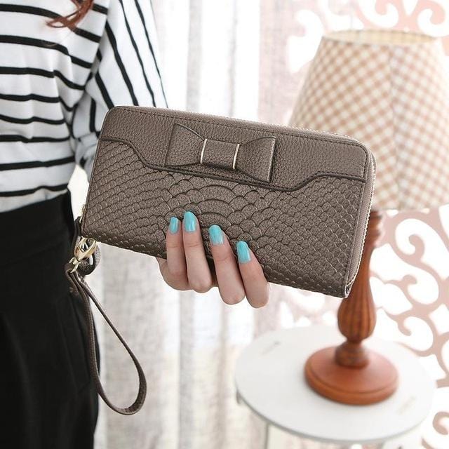 Cute bow pu leather wallet women 2020 long female purse wristband lady phone wallet coin purse clutch