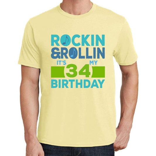 Rockin&rollin 34 Yellow Mens Short Sleeve Round Neck T-Shirt 00278 - Yellow / S - Casual