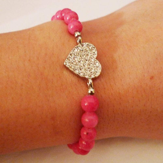 Silver Heart Strass Pink Beads Bracelet One In The City