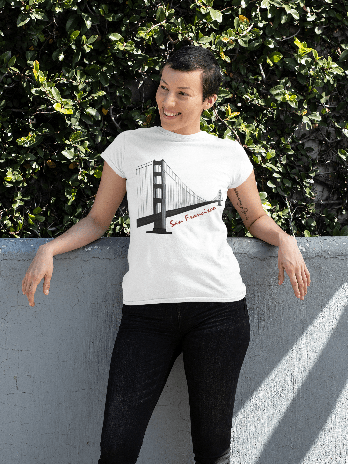 T-shirt à manches courtes et col rond pour femme, Golden Gate Bridge de San Francisco, 00181
